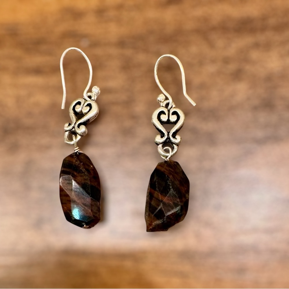 Polished Faceted Brown Jasper Silver Drop Earrings
